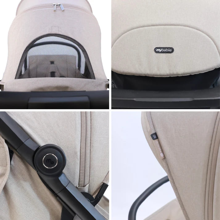 My Babiie MBX7 Auto-fold stroller in camel collage of features