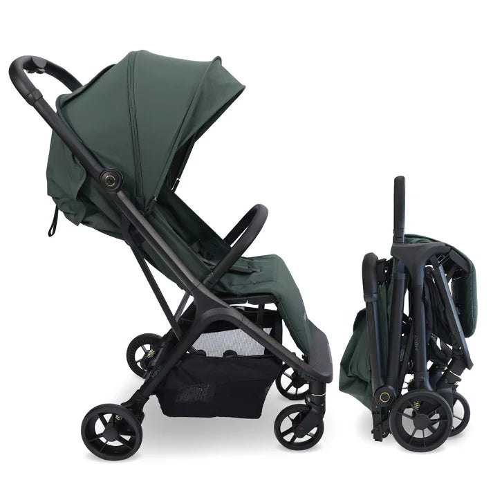 My Babiie MBX7 auto-fold stroller in forest green folded