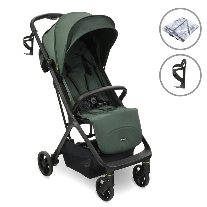 My Babiie MBX7 auto-fold stroller in forest green with accessories