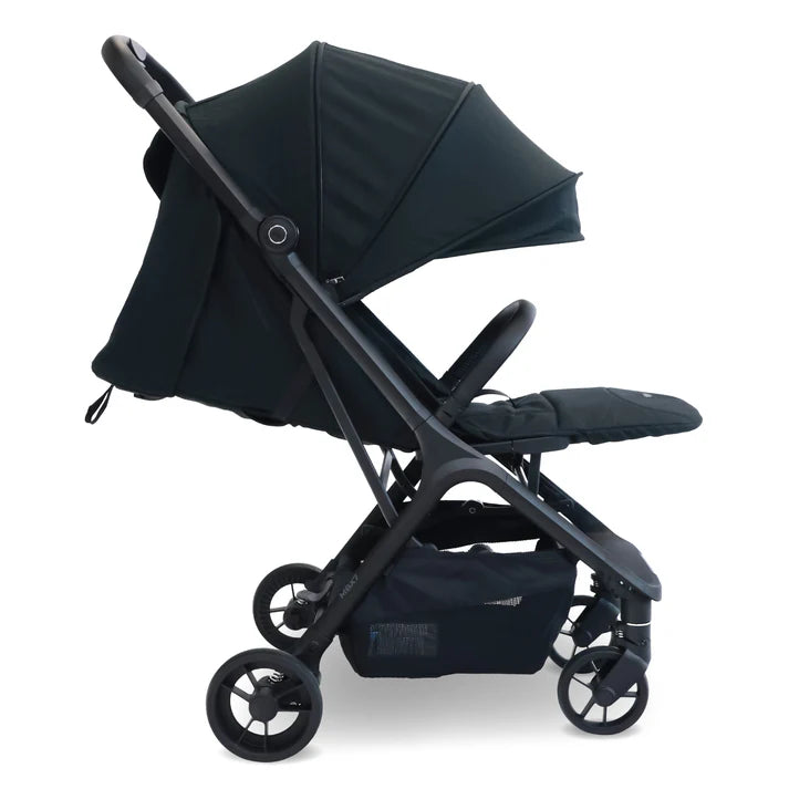 My Babiie MBX7 auto-fold stroller in black in lay flat position