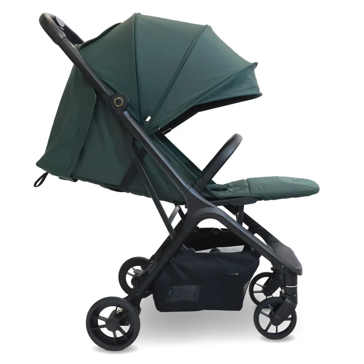 My Babiie MBX7 auto-fold stroller in forest green in lay flat position