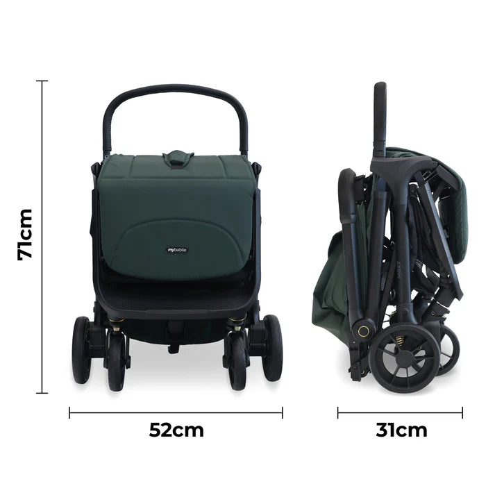 My Babiie MBX7 auto-fold stroller in forest green with folded dimensions displayed on a white background
