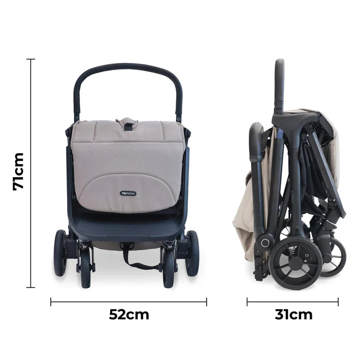 My Babiie MBX7 Auto-fold stroller in camel folded showing dimensions on a white background.