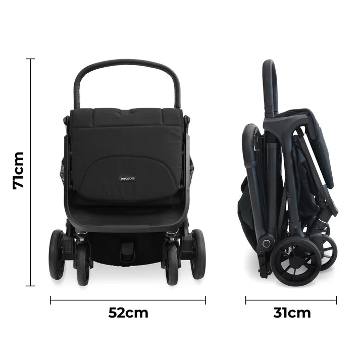 My Babiie MBX7 auto-fold stroller in black folded with measurements on a white background