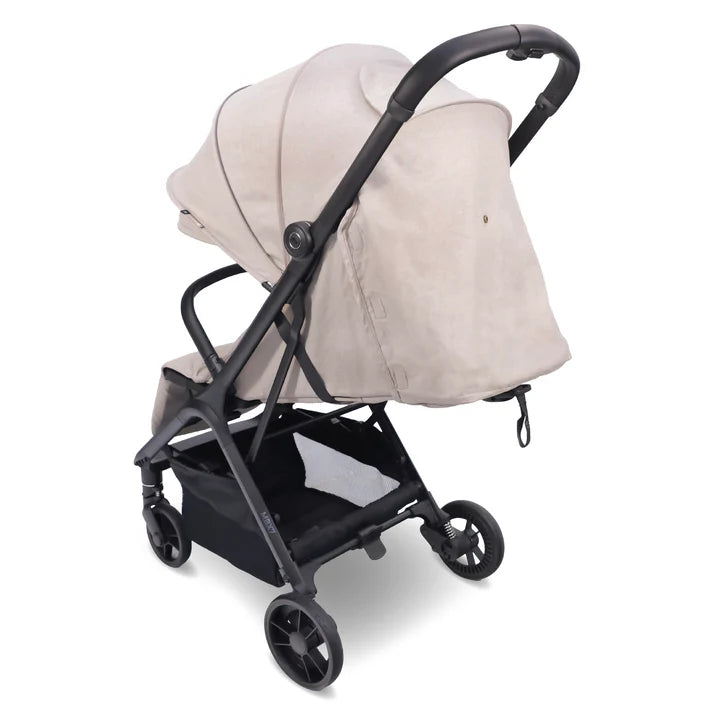 My Babiie MBX7 Auto-fold stroller in camel rear angle lay flat