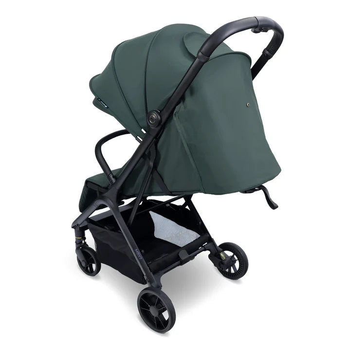 My Babiie MBX7 auto-fold stroller in forest green rear viewl aying flat