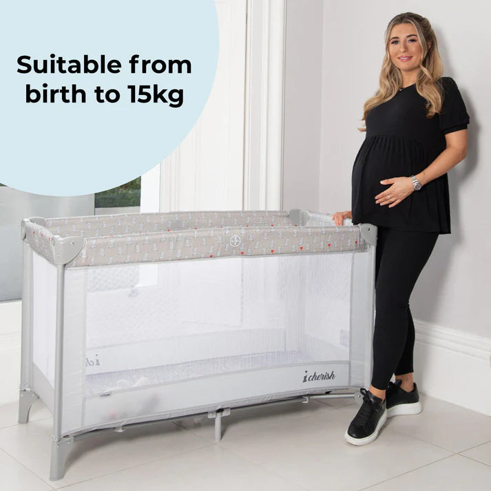 My Babiie Elephants travel cot with text indicating suitability from birth to 15kg.
