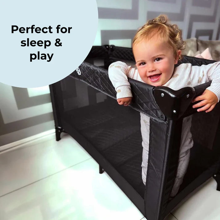 My Babiie Black Quilted Travel Cot for sleep & play