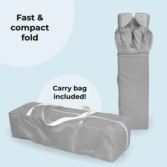My Babiie Elephants travel cot with a carrying bag, featuring text about fast and compact folding and a included carry bag.