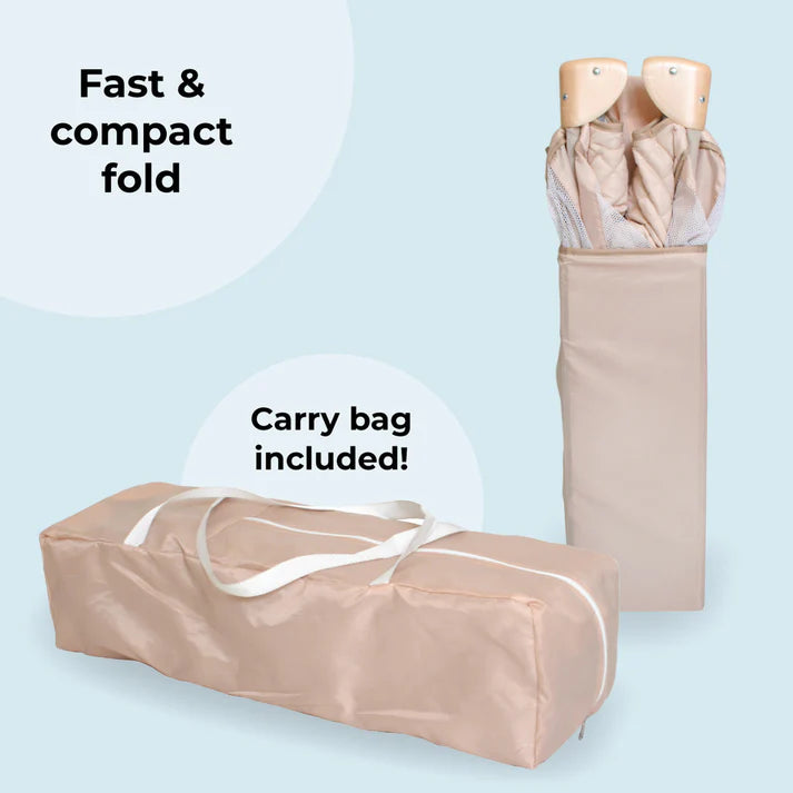 My Babiie Travel Cot in Blush Quilted compact fold and carry bag