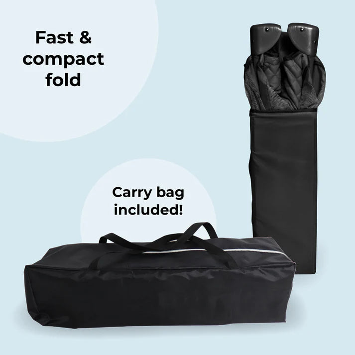 My Babiie Black Quilted Travel Cot folded with carry bag