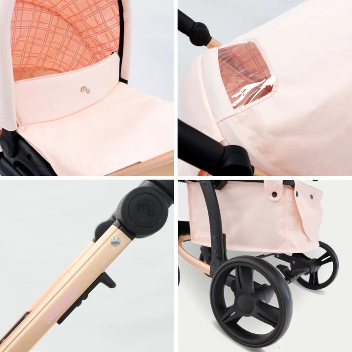 Collage of My Babiie MB200i 3 in 1 travel system in pink plaid with close-up details 