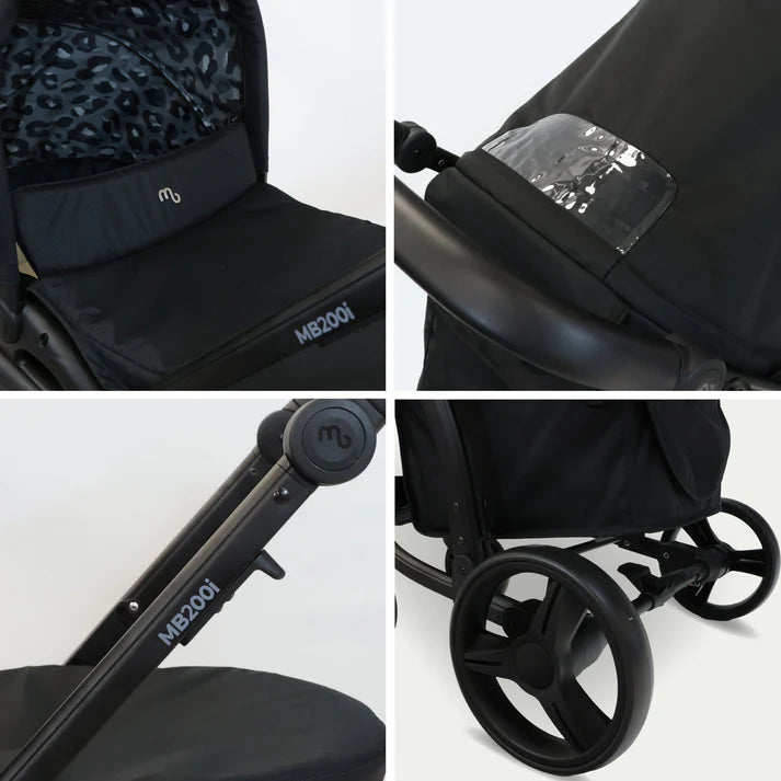 Collage of a My Babiie MB200i 3 in 1 travel system in black leopard with leopard print accents, showing various parts including the seat, handle, and wheels.