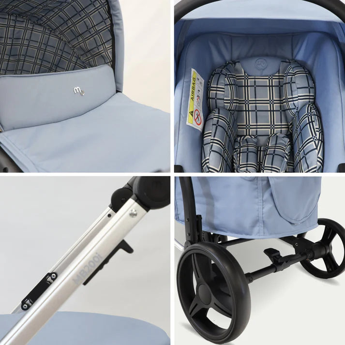 Collage of My babiie MB200i 3 in 1 travel system in blue plaid with different parts highlighted