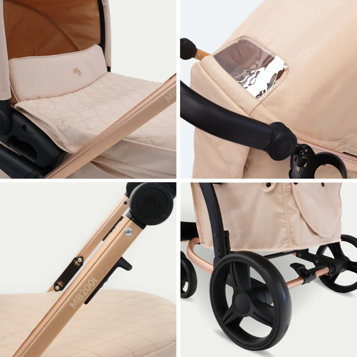 Collage of My Babiie MB200i 3 in 1 travel system in blush with close-up details on a light gray background