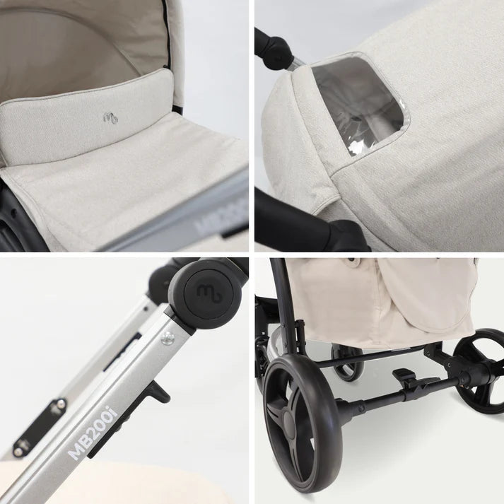 Collage of My babiie MB200i 3 in 1 travel system in oatmeal with close-up details on a white background