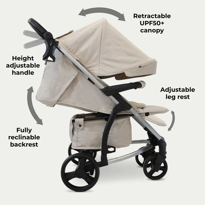 My babiie MB200i 3 in 1 travel system in oatmeal with features highlighted on a white background