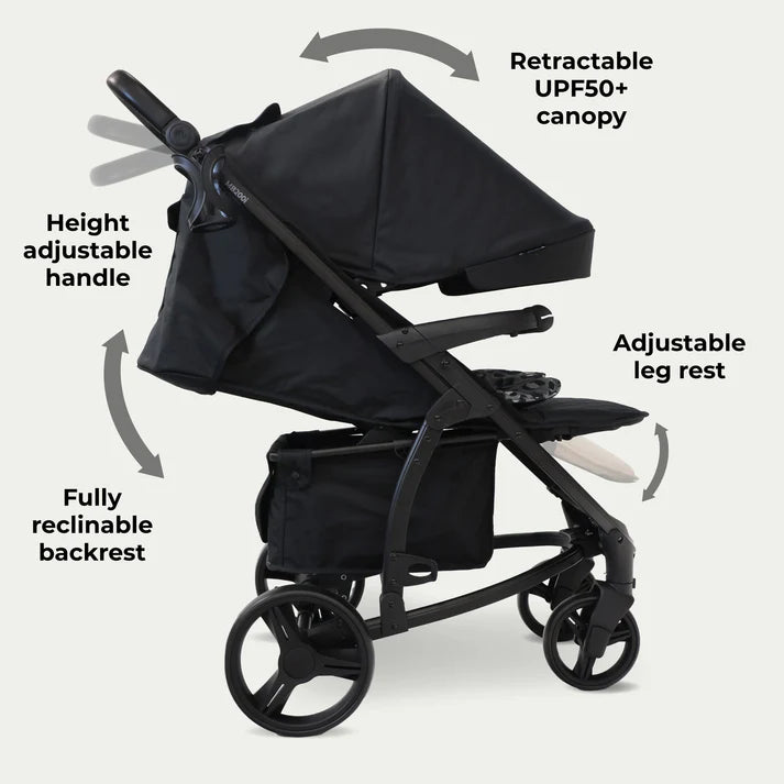 My Babiie MB200i 3 in 1 travel system in black leopard with features highlighted on a white background