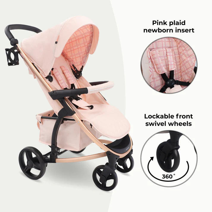 My Babiie MB200i 3 in 1 travel system in pink plaid with pink plaid newborn insert and lockable front swivel wheels on a white background