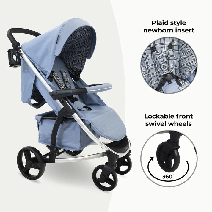 My babiie MB200i 3 in 1 travel system in blue plaid with plaid style newborn insert and lockable front swivel wheels on a white background
