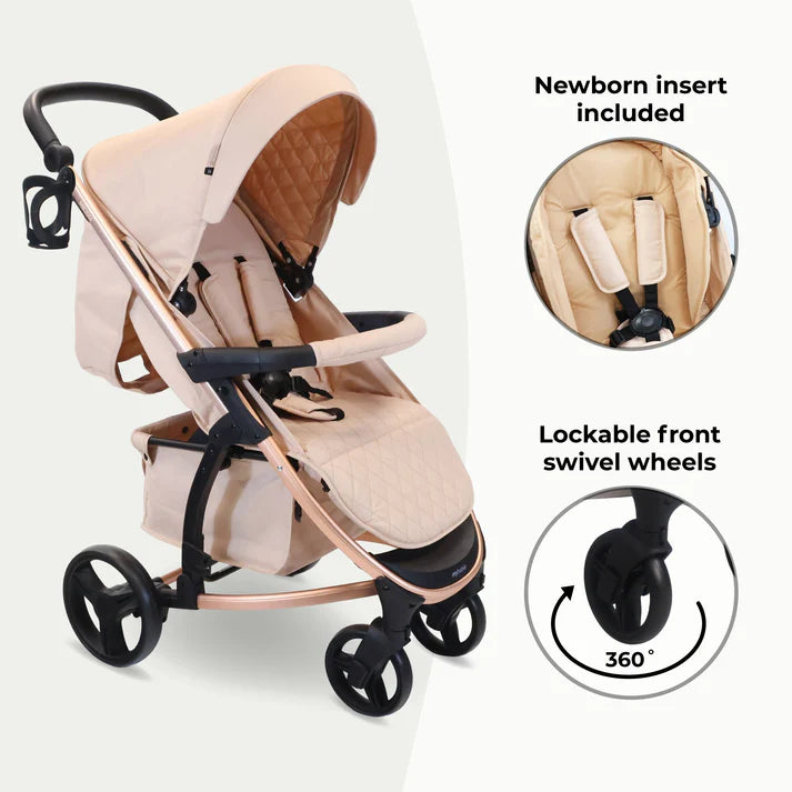 My Babiie MB200i 3 in 1 travel system in blush with newborn insert and lockable swivel wheels