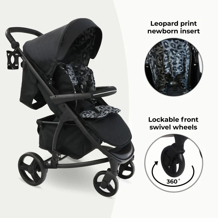 My Babiie MB200i 3 in 1 travel system in black leopard with leopard print newborn insert and lockable front swivel wheels on a white background