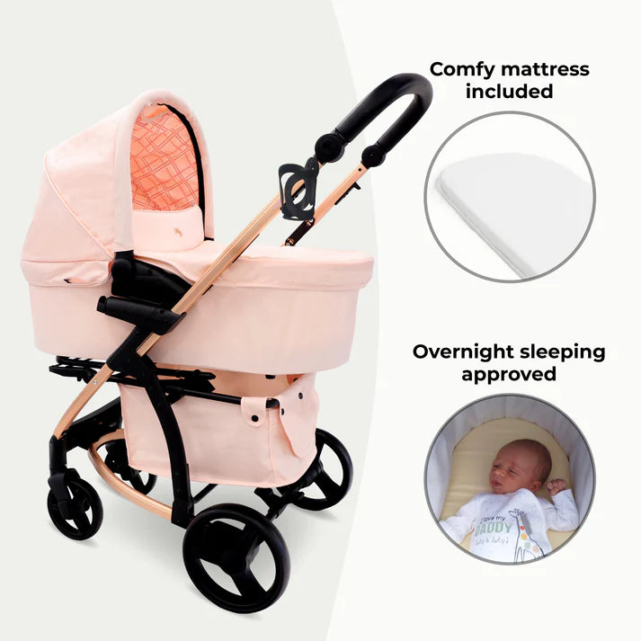 My Babiie MB200i 3 in 1 travel system in pink plaid including comfy mattress and overnight sleeping approved