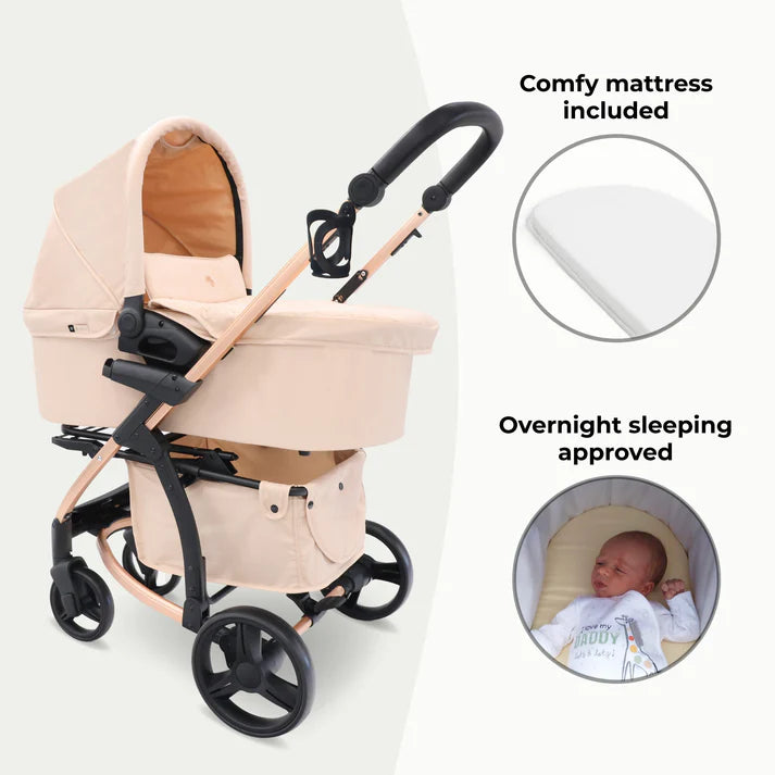 My Babiie MB200i 3 in 1 travel system in blush with comfy mattress and overnight sleeping approved