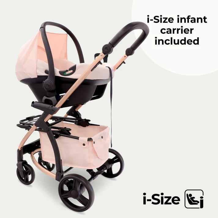 My Babiie MB200i 3 in 1 travel system in pink plaid with i-Size infant carrier on a white background
