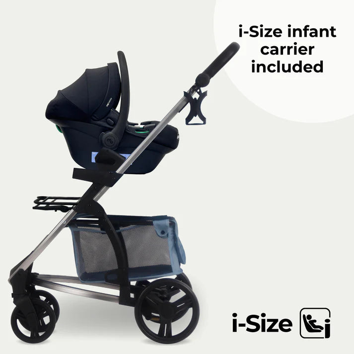 My babiie MB200i 3 in 1 travel system in blue plaid with i-Size infant carrier on a white background