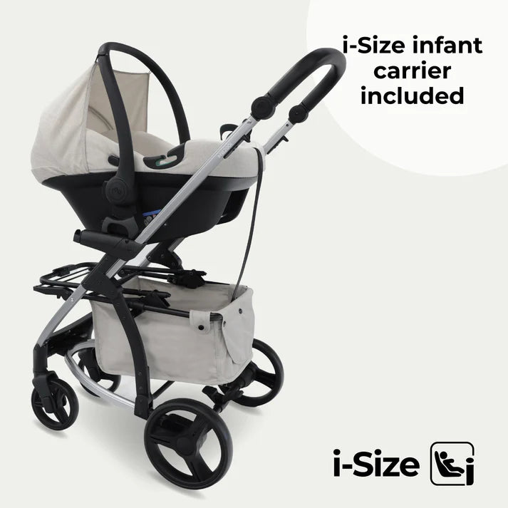 My babiie MB200i 3 in 1 travel system in oatmeal with i-Size infant carrier on a white background