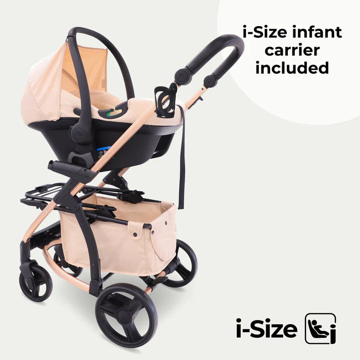 My Babiie MB200i 3 in 1 travel system in blush with i-Size infant carrier on a white background