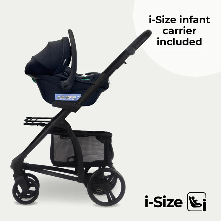 My Babiie MB200i 3 in 1 travel system in black leopard with i-Size infant carrier on a white background