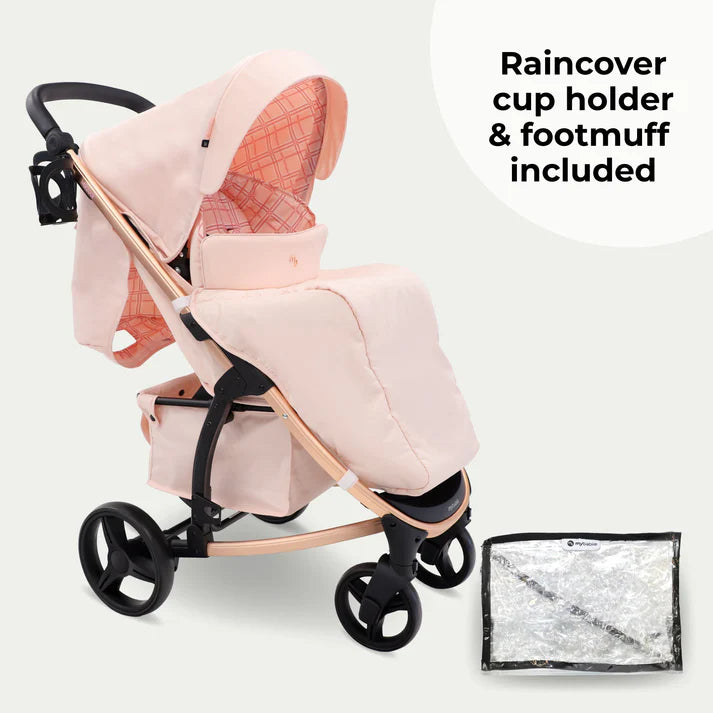 My Babiie MB200i 3 in 1 travel system in pink plaid with raincover, cup holder, and footmuff on a white background