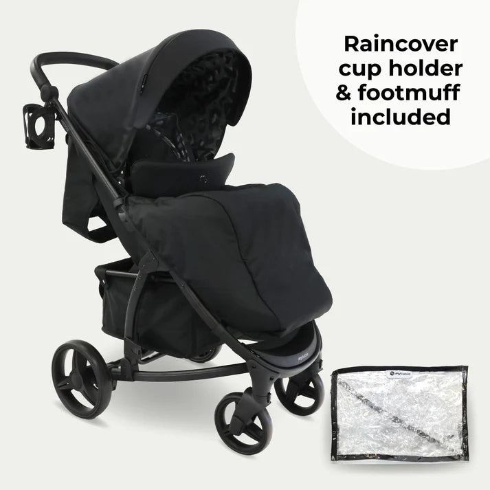 My Babiie MB200i 3 in 1 travel system in black leopard with raincover, cup holder, and footmuff on a white background