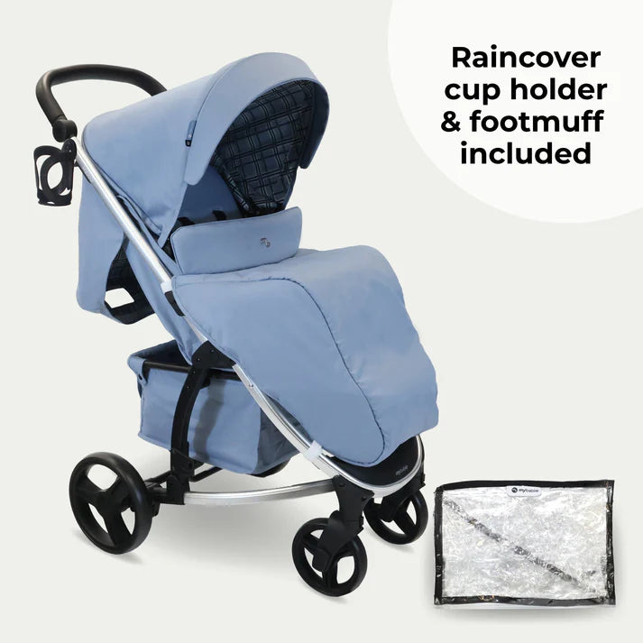 My babiie MB200i 3 in 1 travel system in blue plaid with raincover, cup holder, and footmuff on a white background
