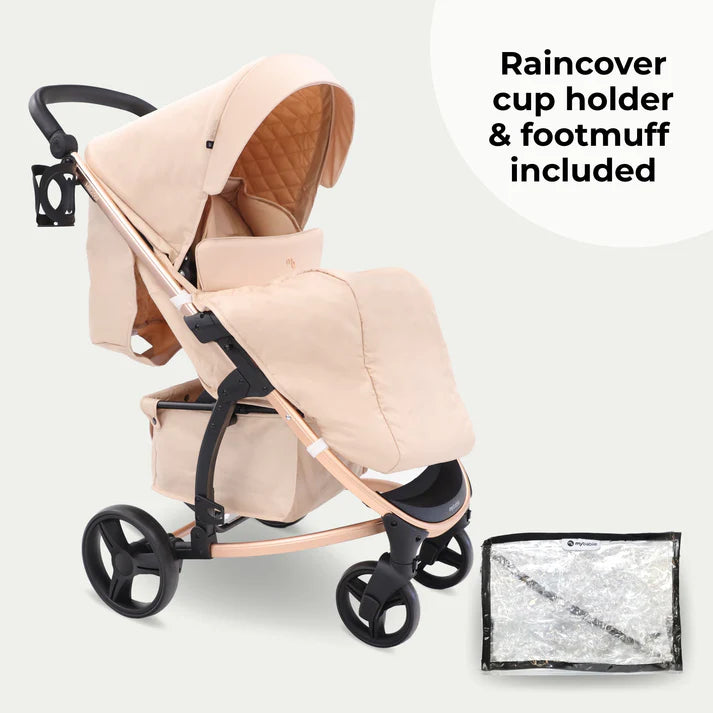 My Babiie MB200i 3 in 1 travel system in blush with raincover, cup holder, and footmuff on a white background