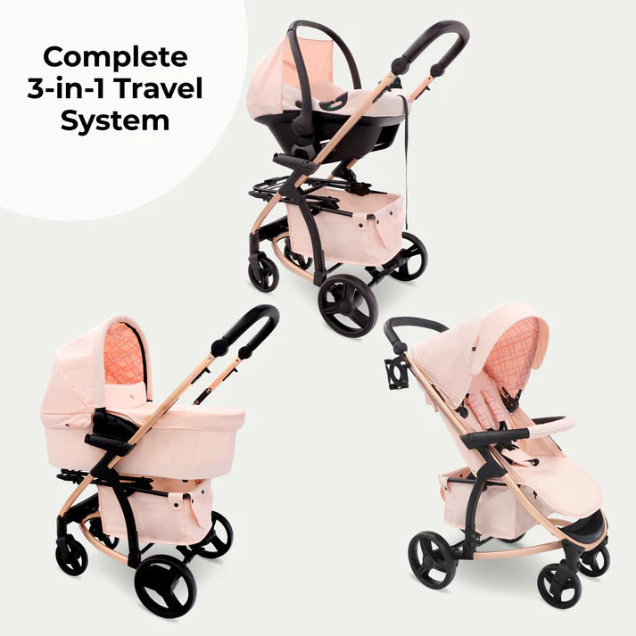 My Babiie MB200i 3 in 1 travel system in pink plaid showing configurations