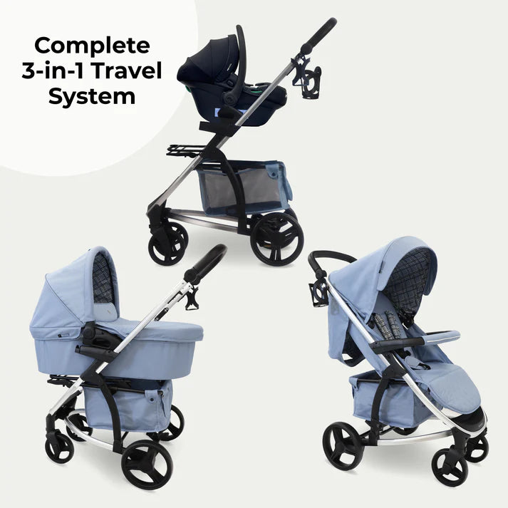 My babiie MB200i 3 in 1 travel system in blue plaid with stroller, car seat, and bassinet on a white background