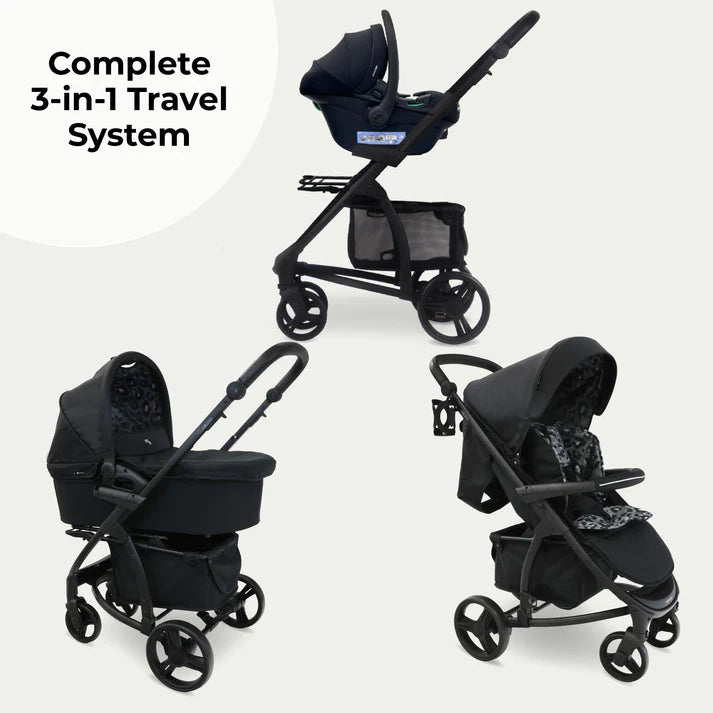 My Babiie MB200i 3 in 1 travel system in black leopard with stroller, car seat, and bassinet on a white background.