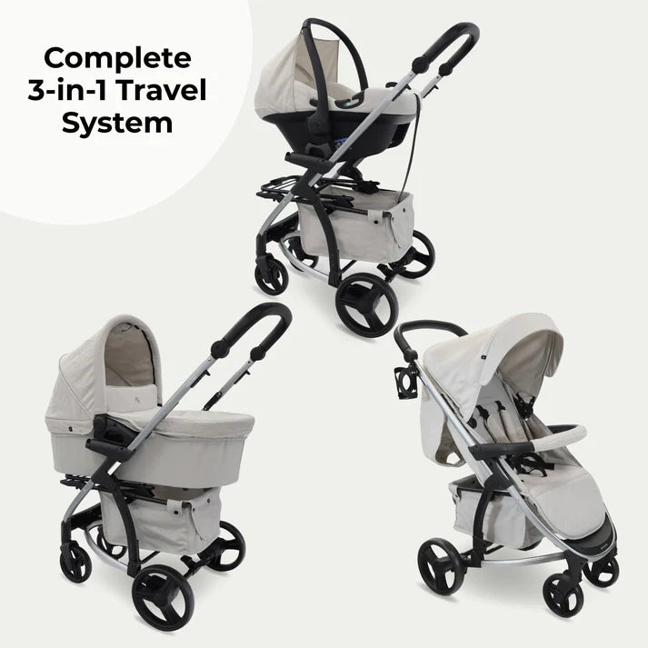 My babiie MB200i 3 in 1 travel system in oatmeal with stroller, car seat, and bassinet on a white background