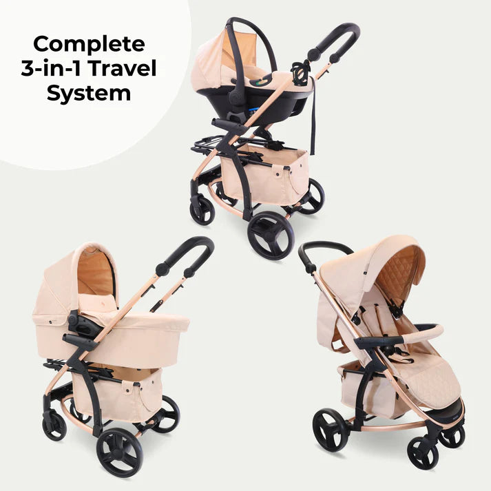 My Babiie MB200i 3 in 1 travel system in blush showing configurations