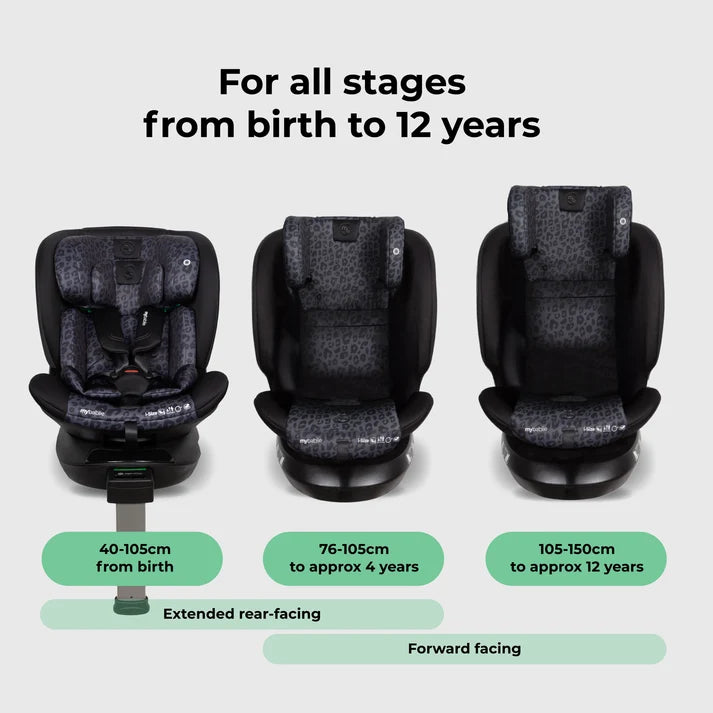 My Babiie MBCS400 Spin R129 Car Seat with Support Leg - Black Leopard