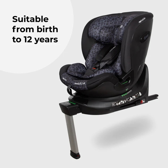 My Babiie MBCS400 Spin R129 Car Seat with Support Leg - Black Leopard