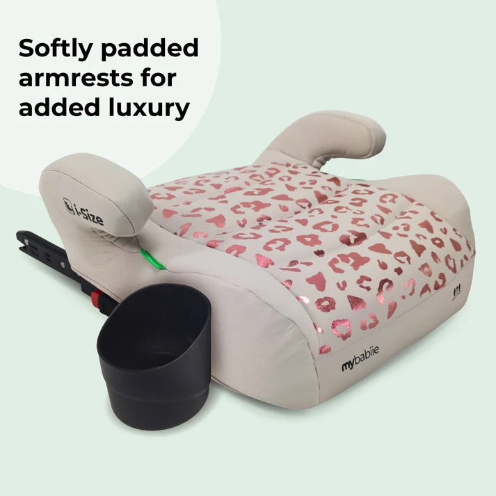 My Babiie MBCSB20 Booster R129 Car Seat with ISOFIX and Cup Holder - Pink Leopard