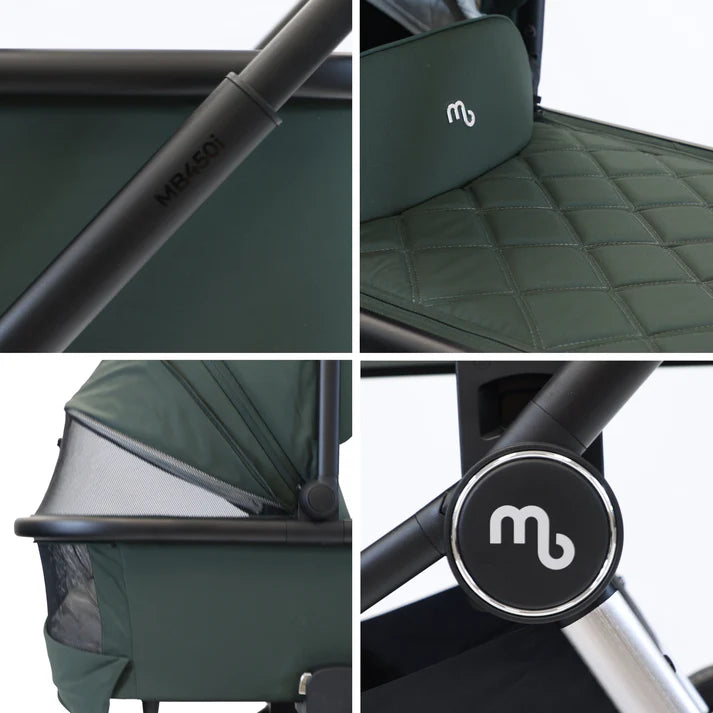 Collage of My babiie MB450i travel system in forest green with close-up details on handle, seat, canopy, and brand logo.