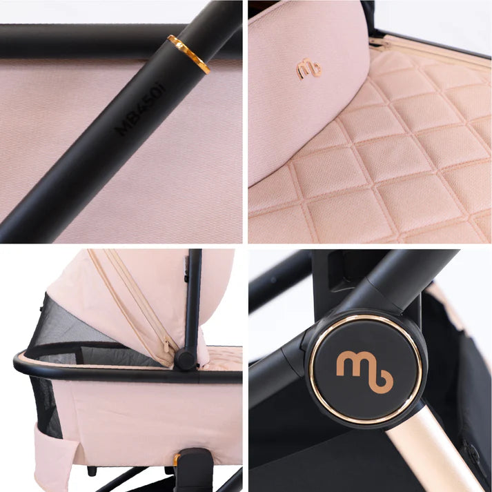 Collage of My Babiie MB450i Travel System in Pastel Pink with a visible brand logo on various parts.
