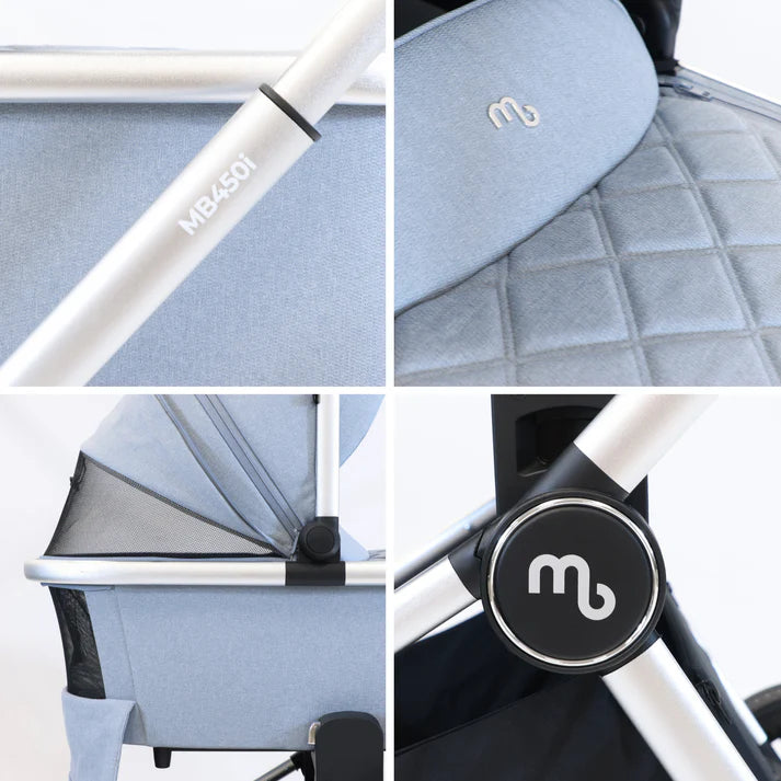 Collage of My Babiie MB450i Travel System in Steel Blue with visible branding on various parts.
