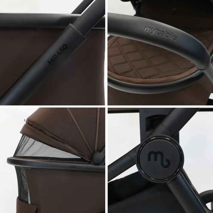 Collage of My Babiie MB450i Travel System in Chocolate with close-up details on a light gray background