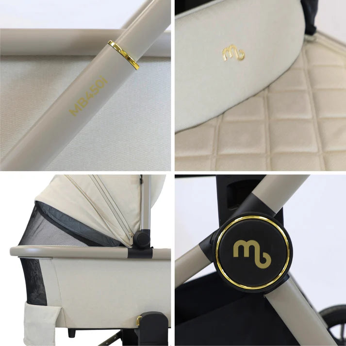 Collage of My Babiie MB450i Travel System in Ivory with visible branding on various parts.